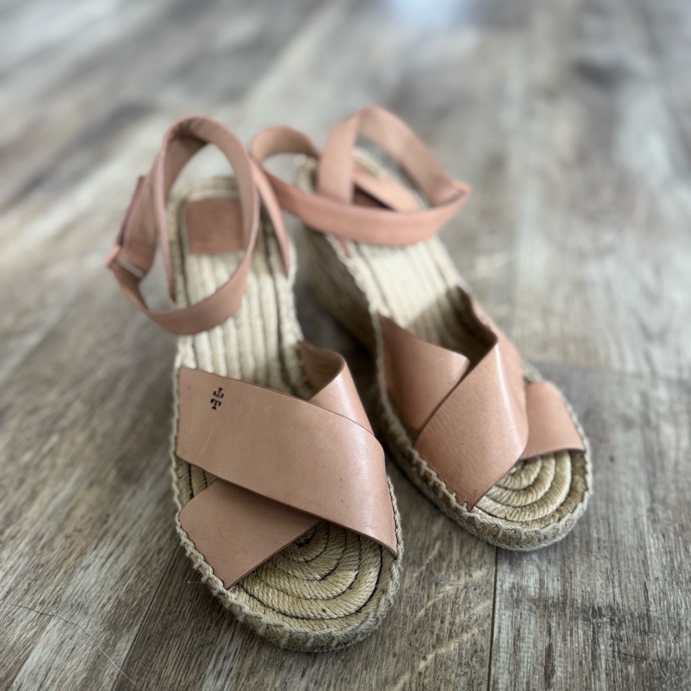 Tory Burch Nude Leather Espadrille Wedge Sandals